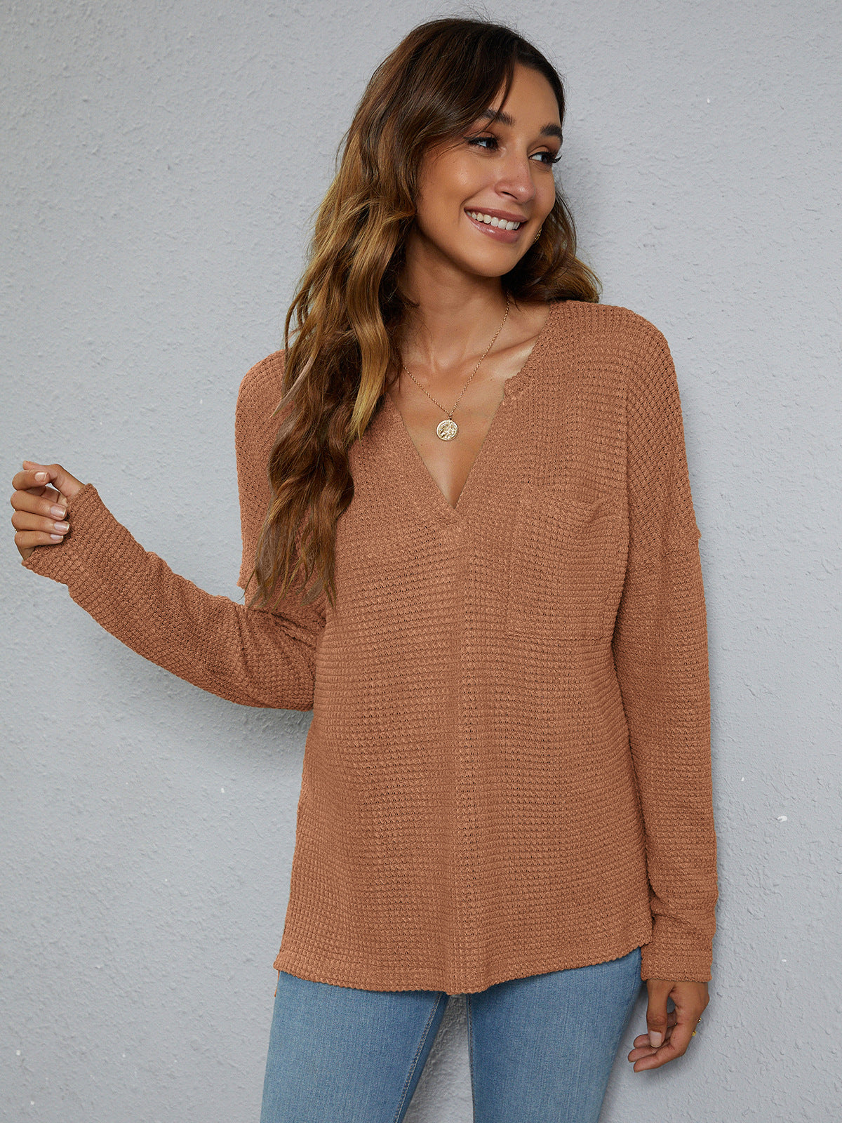 High-Low With Top Dropped Waffle-Knit Shoulder