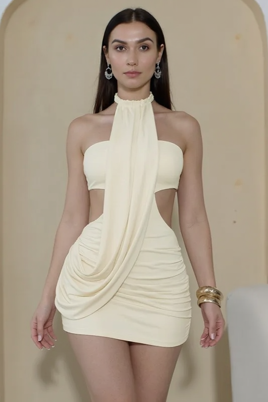Solid Halter Backless Ruched Mini Party Dress
