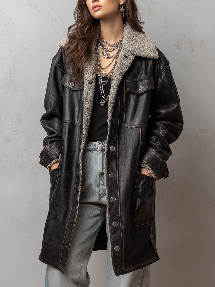 Casual Pocket Shearling Eco-friendly Leather Coat