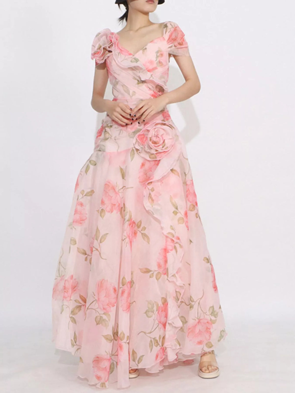 Floral Chiffon Rosette Ruffle Cap Sleeve Maxi Dress