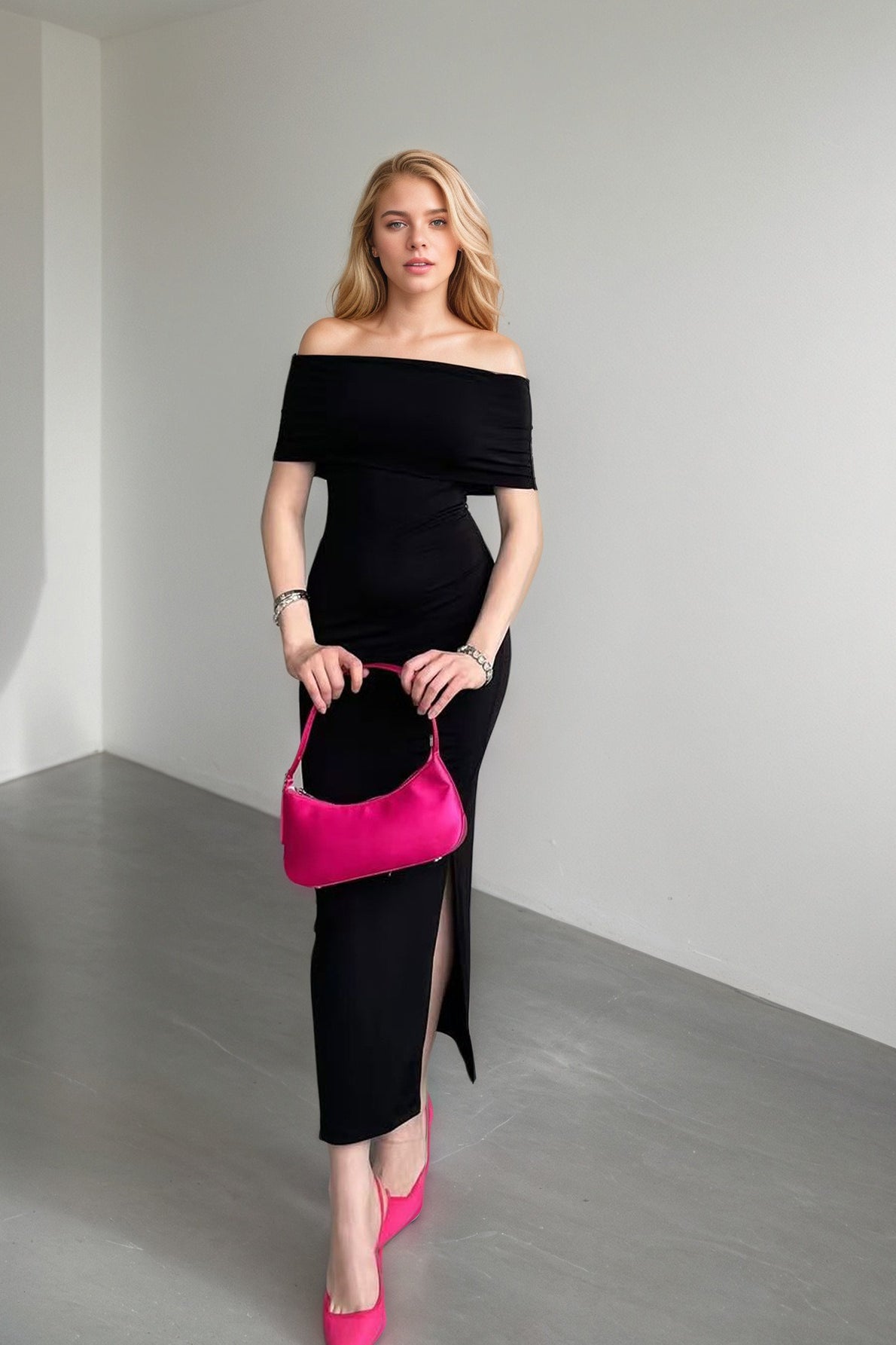 Off Shoulder Short Sleeve Ruched High Split Midi Dress