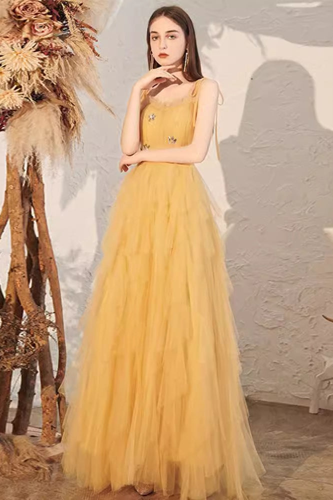 Tulle Spaghetti Strap Square Neck Tiered Ruffle Maxi Prom Dress