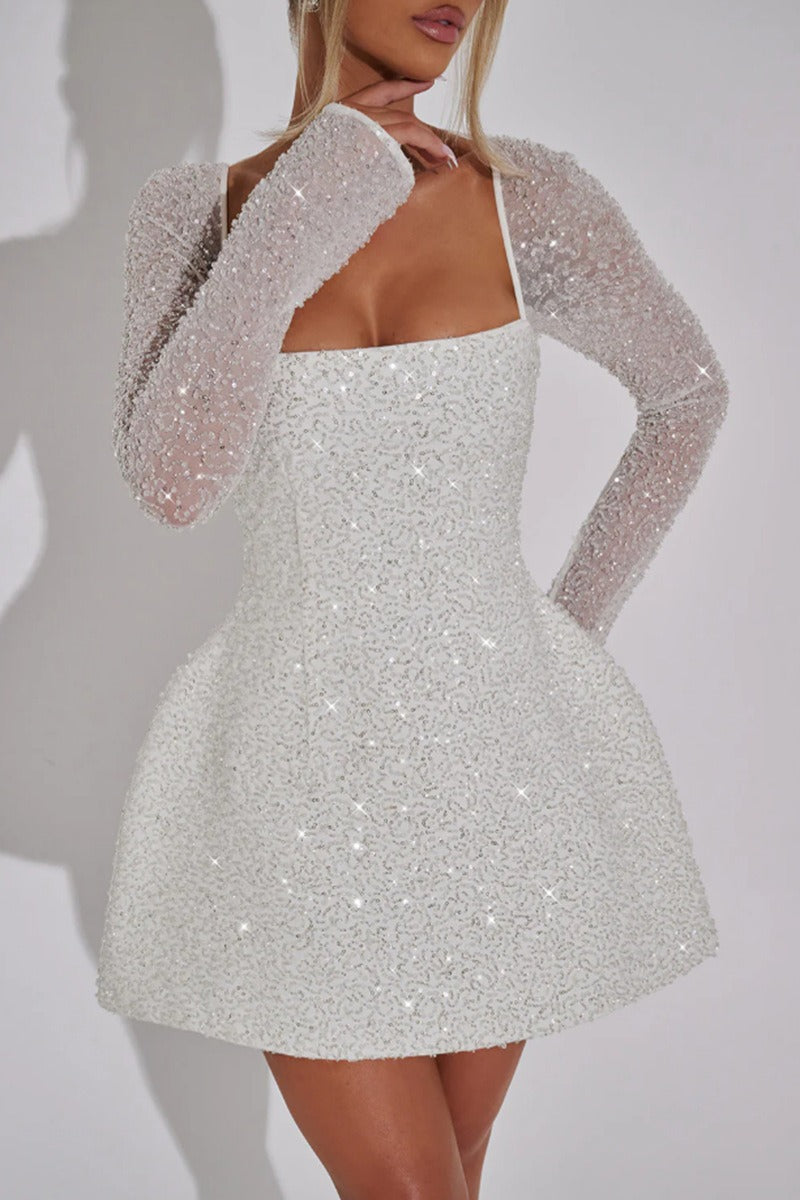 Luxury Sequin LongSleeve ALine Bow Backless Mini Sequin Dress
