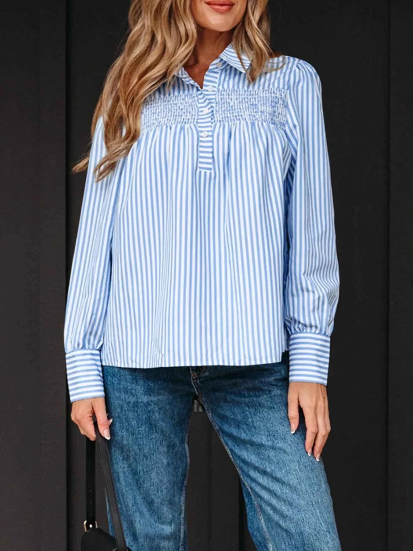 Striped Smocked Collared Neck Blouse