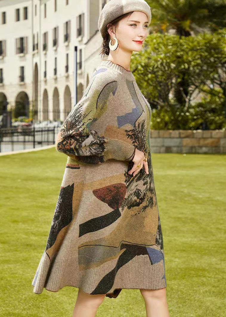 Jacquard Landscape Print Crew Neck Lantern Sleeve Knit Sweater Mini Dress