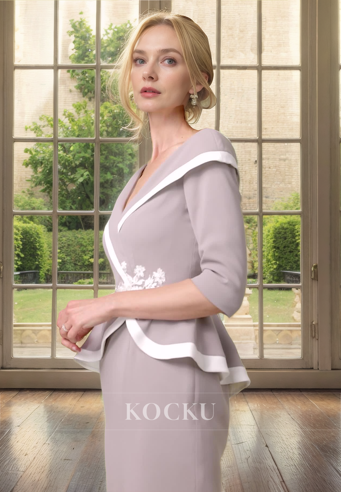Simple & Casual V-Neck Long sleeves Sheath Two-Piece Cocktail Mother of the Bride Dress