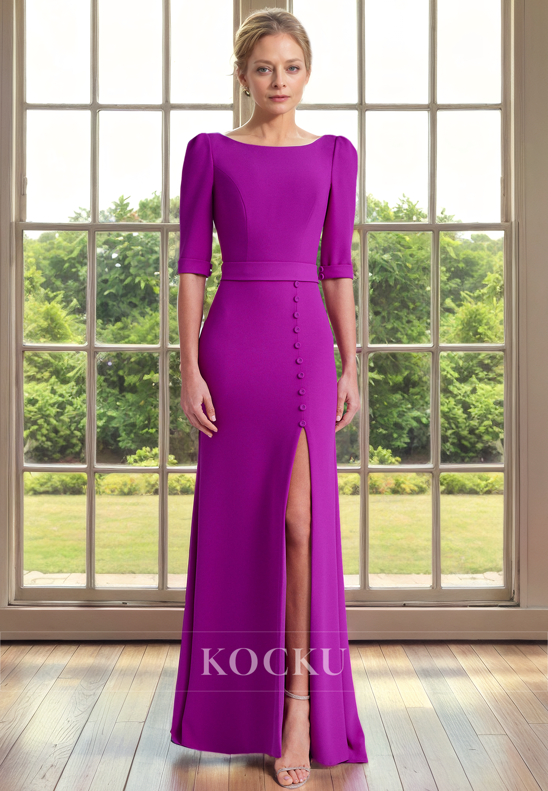 Simple & Casual Scoop Half sleeves Split Backless Cocktail Mother of the Bride Dress