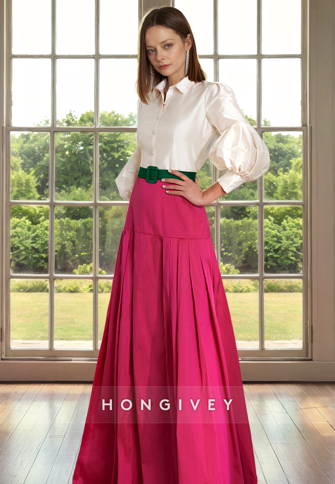 HM317 - Chic Satin A-Line Two Tone With Side Slit Floor-Length Formal Cocktail Dress
