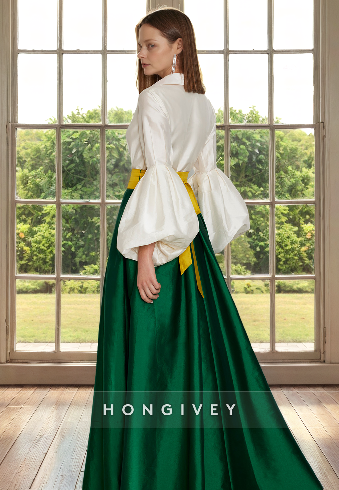 HM317 - Chic Satin A-Line Two Tone With Side Slit Floor-Length Formal Cocktail Dress