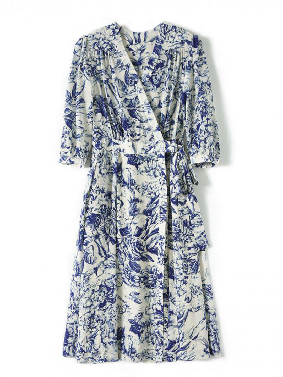 Toile Floral Print Wrap V-Neck Puff Sleeve Tie Waist A-Line Midi Dress
