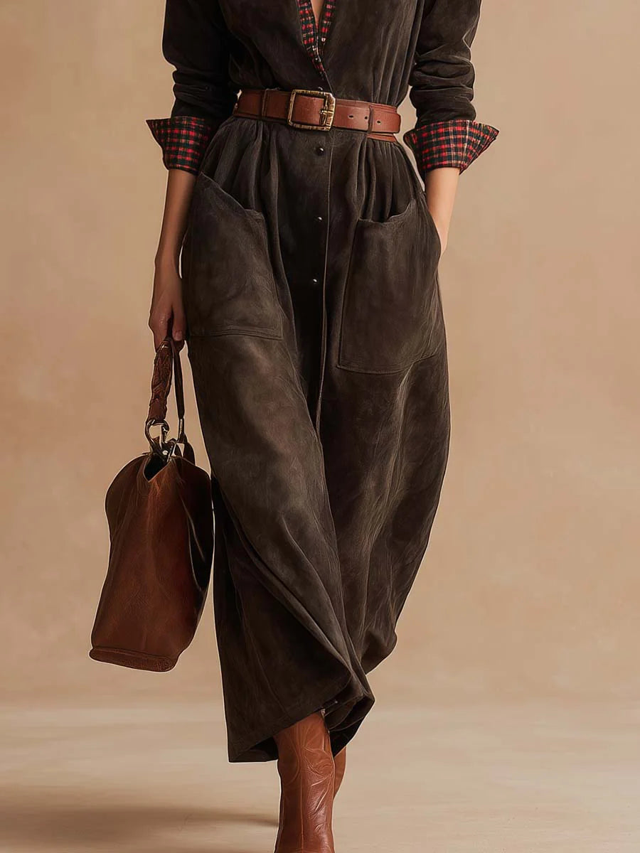 Retro dark brown suede patchwork plaid collared dress(Includes belt)
