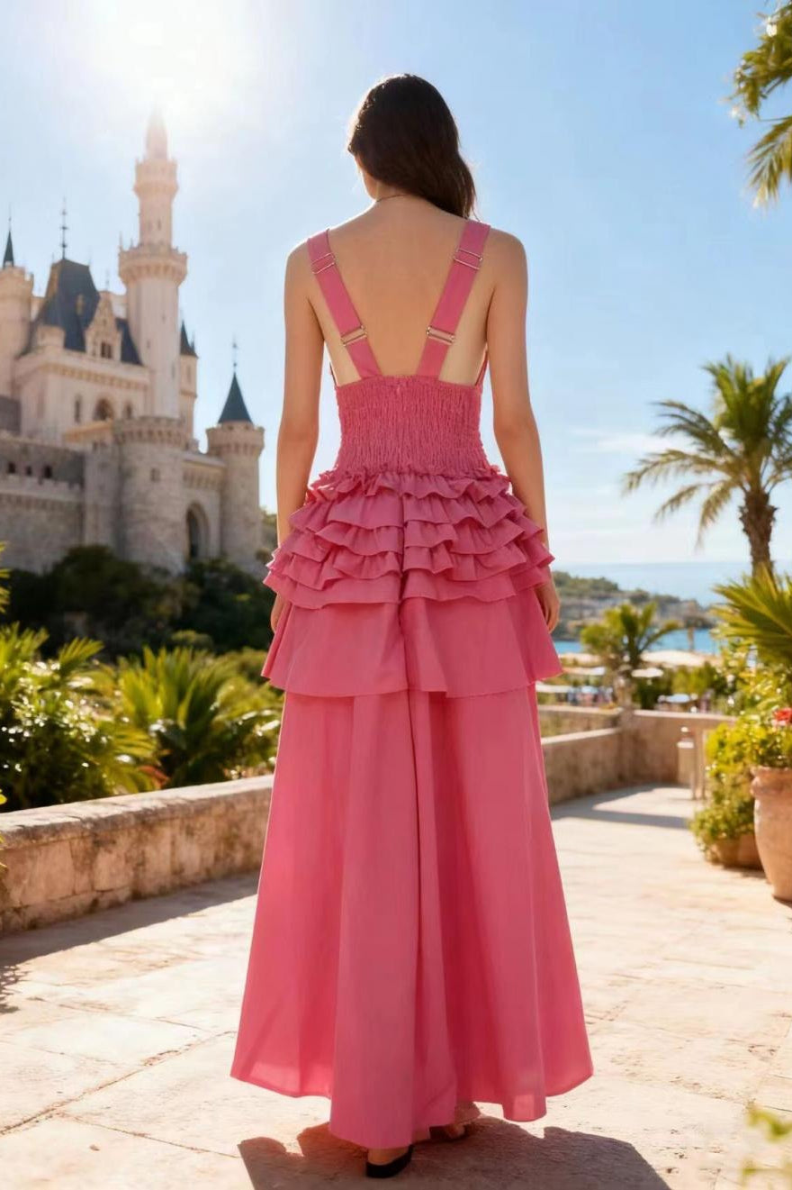 Deep V-Neck Sleeveless Corset Tiered Fit and Flare Midi Dress
