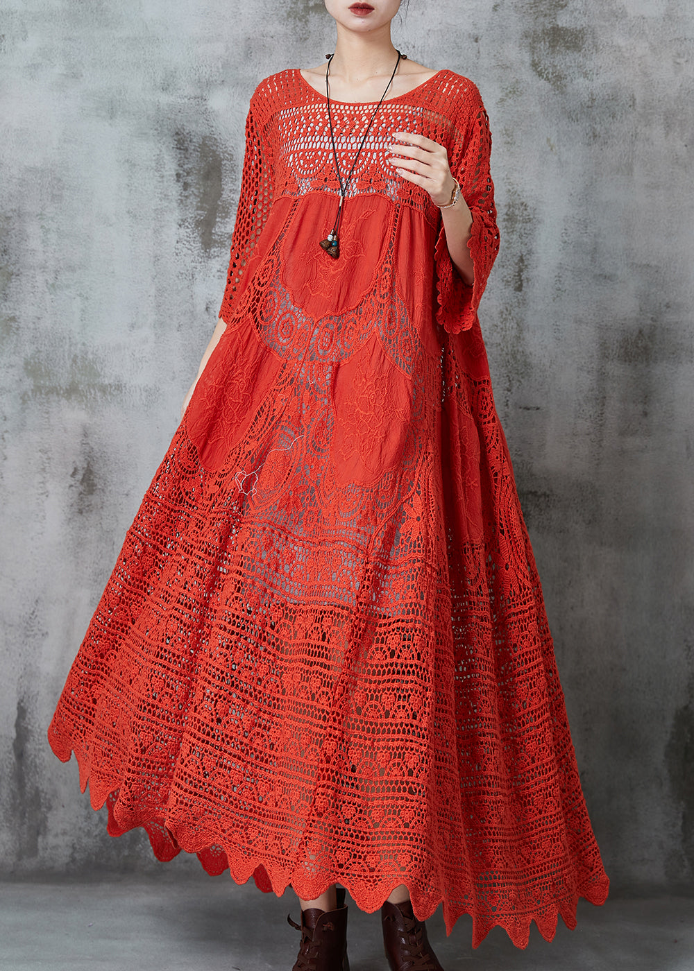 Crochet Lace Embroidered Floral Three Quarter Bell Sleeve Lace Panel Maxi Dress