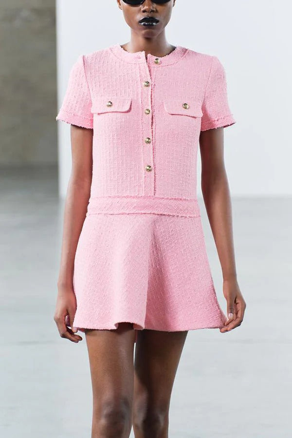 Textured Boucle Gold Button Short Sleeve A-Line Mini Dress