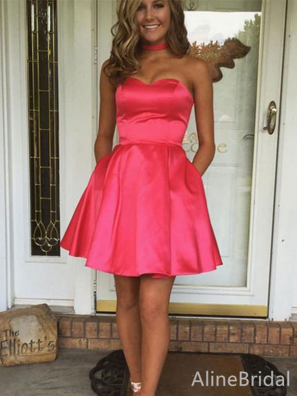 Satin Sweetheart Strapless A-Line Homecoming Mini Dress with Pockets