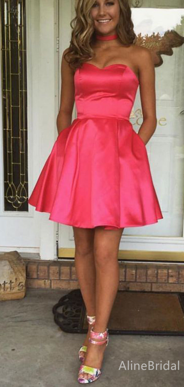 Satin Sweetheart Strapless A-Line Homecoming Mini Dress with Pockets 2