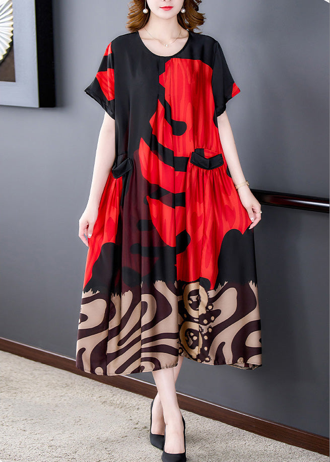 Abstract Graphic Print Round Neck Short Sleeve Pocket Flap Oversized Midi Dress