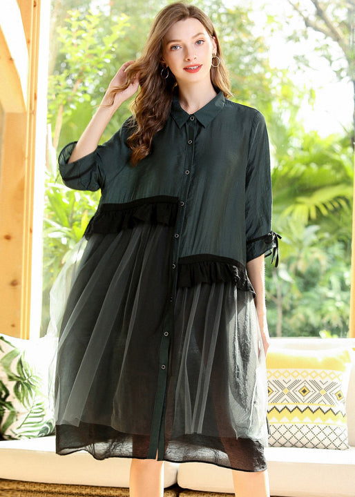 Collared Button Down Ruffle Mesh Layer Three Quarter Sleeve Shirt Dress