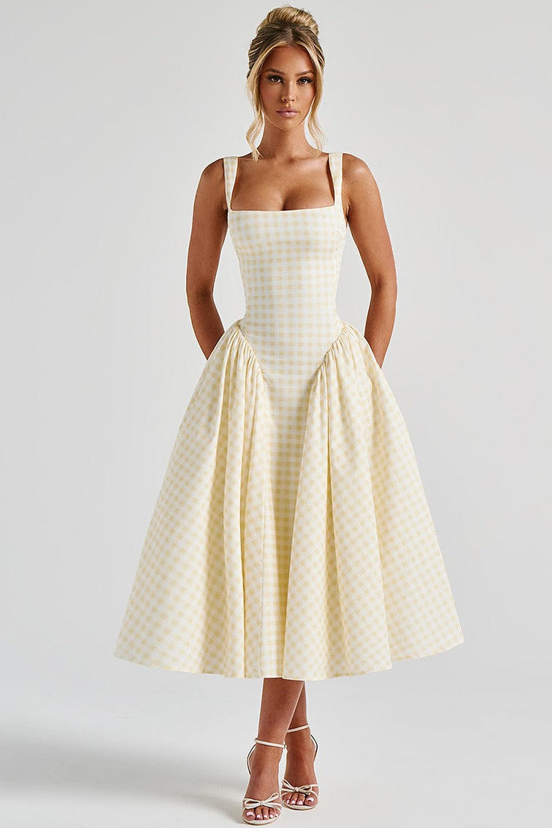 Plaid Square Neck Sleeveless Fit and Flare Midi Dress