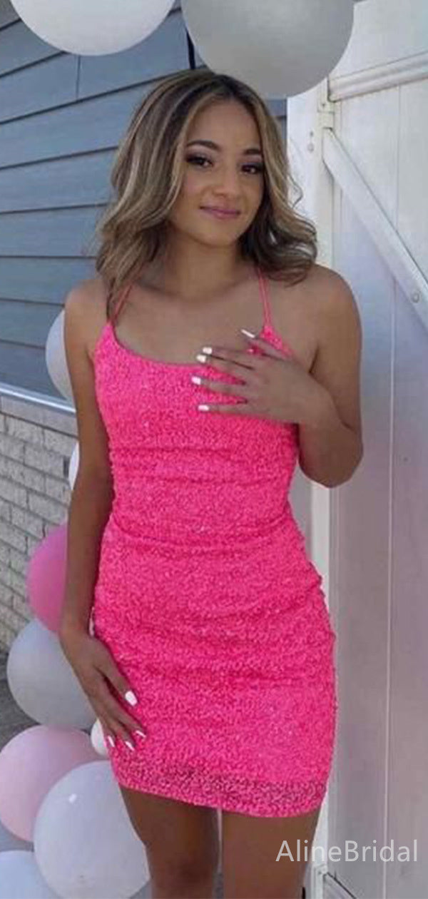 Sequin Scoop Neck Spaghetti Strap Bodycon Homecoming Mini Dress 3
