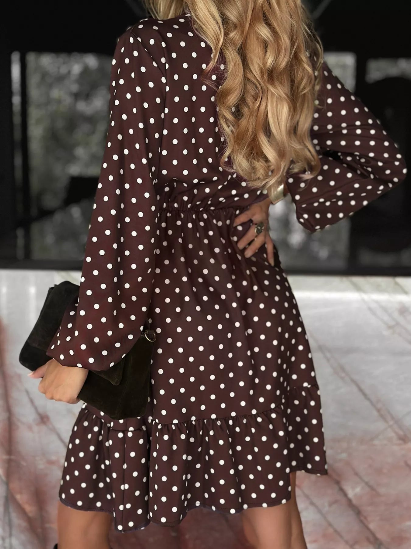 Plus Size Polka Dot Ruffle Hem Mini Dress Chocolate