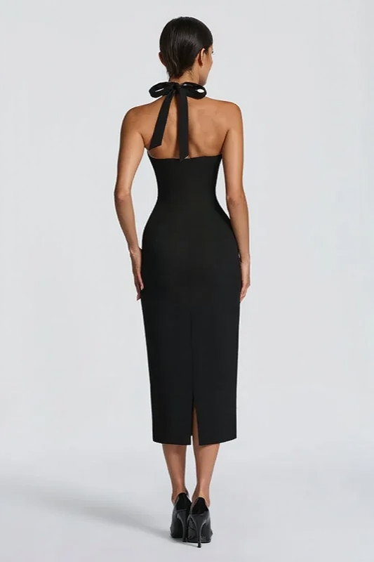 Solid Halter Neck Tie Back Midi Party Dress