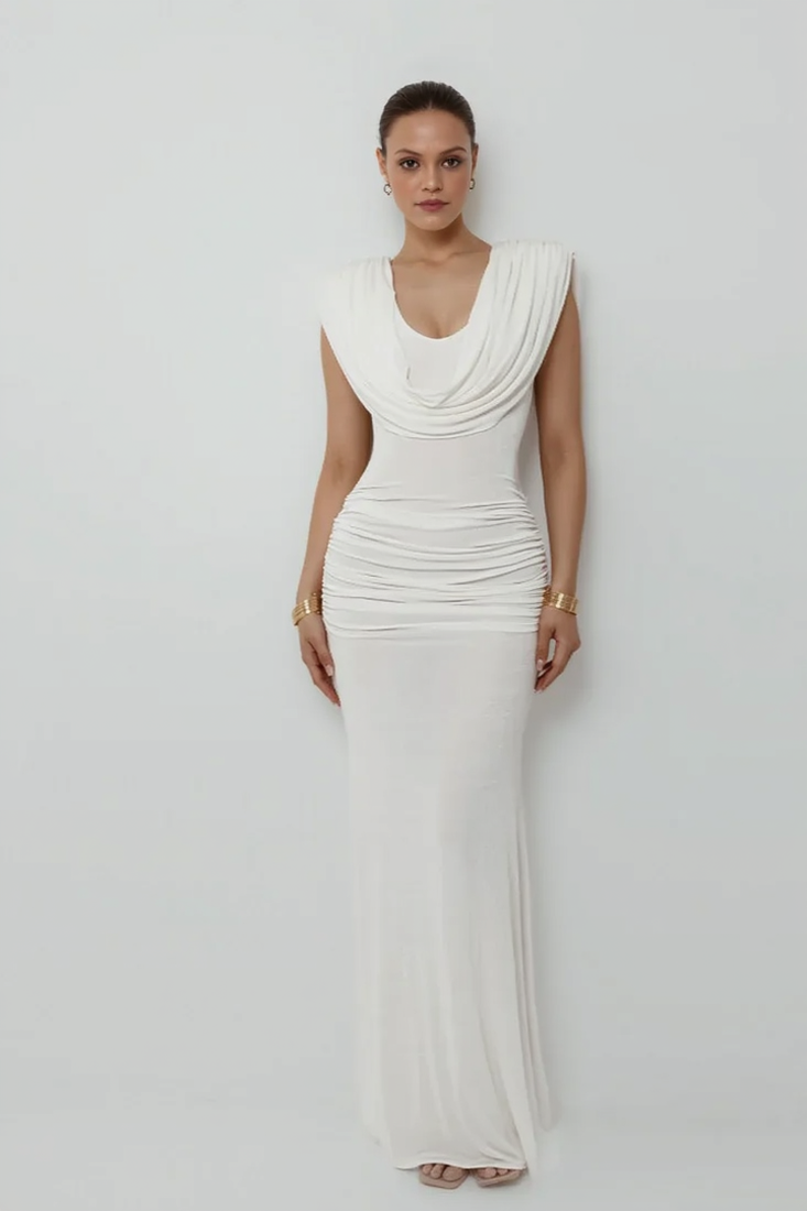Solid Cowl Neck Ruched Waist Cinch Party Dress 7