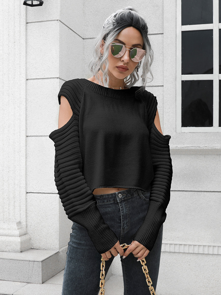 Cold Shoulder Round Neck Ribbed Long Sleeve Cropped Sweater 3
