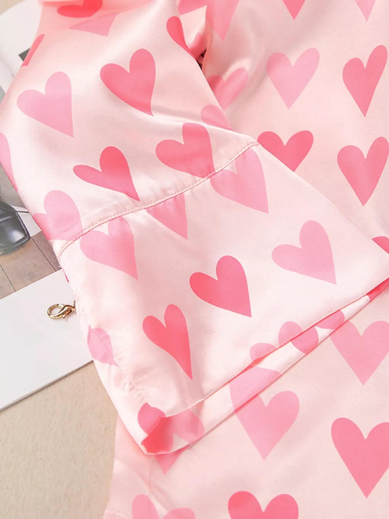 Heart Print Button Up Top and Pants Lounge Set