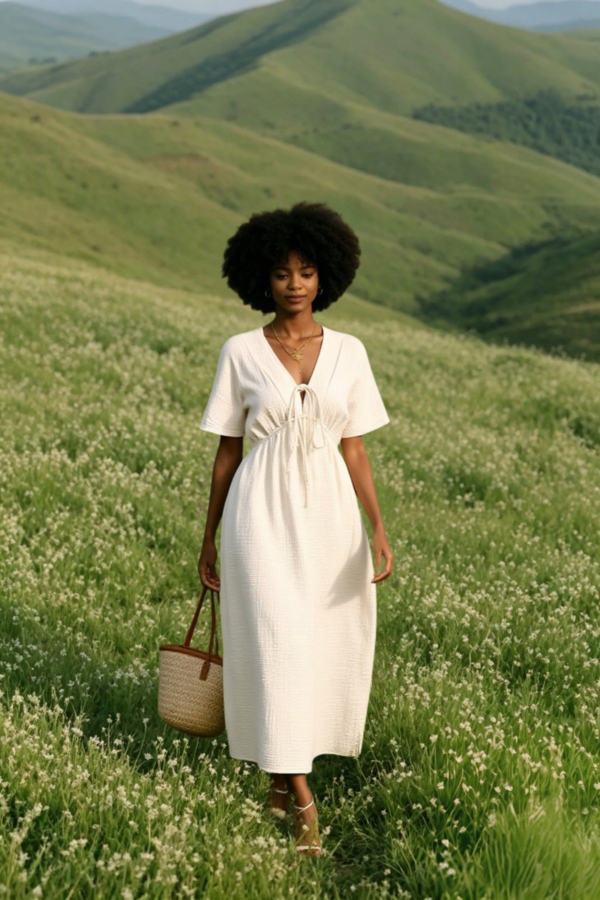 Textured V-Neck Short Sleeve Tie Front Empire Waist Midi Dress 2
