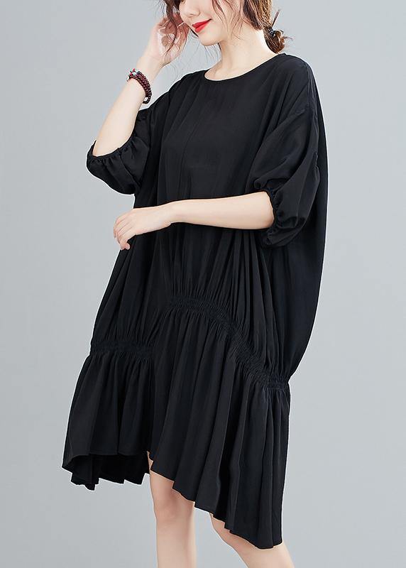 Round Neck Puff Sleeve Asymmetric Ruched Handkerchief Hem Oversized Midi Dress