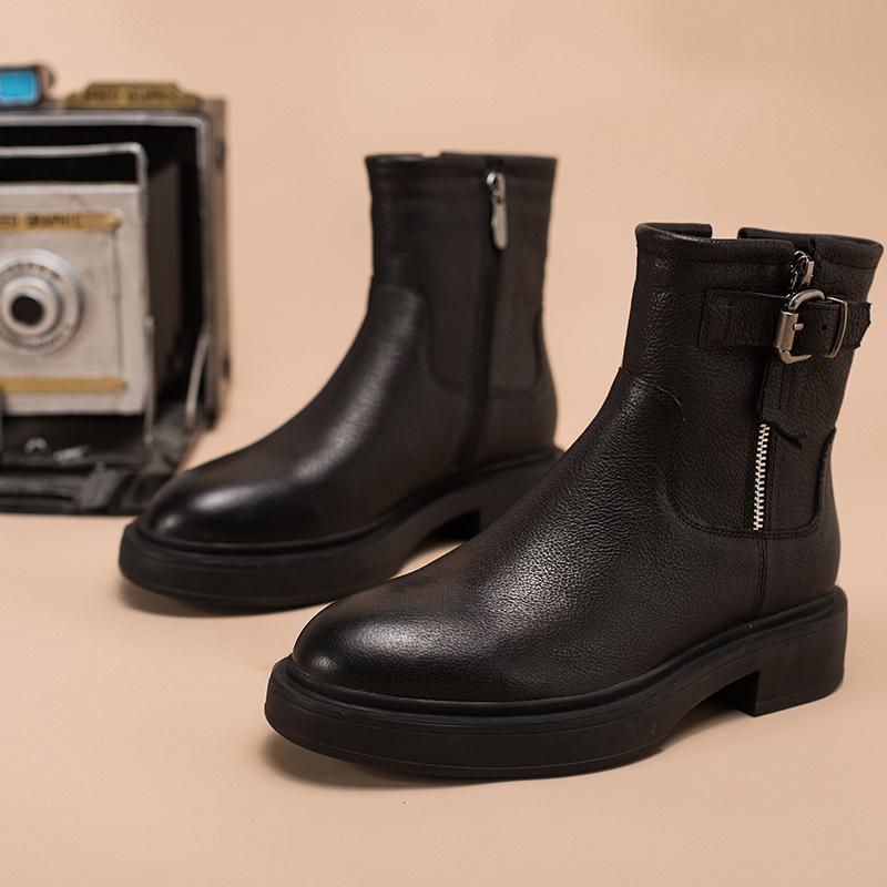 Full Grain Leather Short Boots Designer Retro Chunky Riding Boots Side Zip Buckle Boots Brown/Black