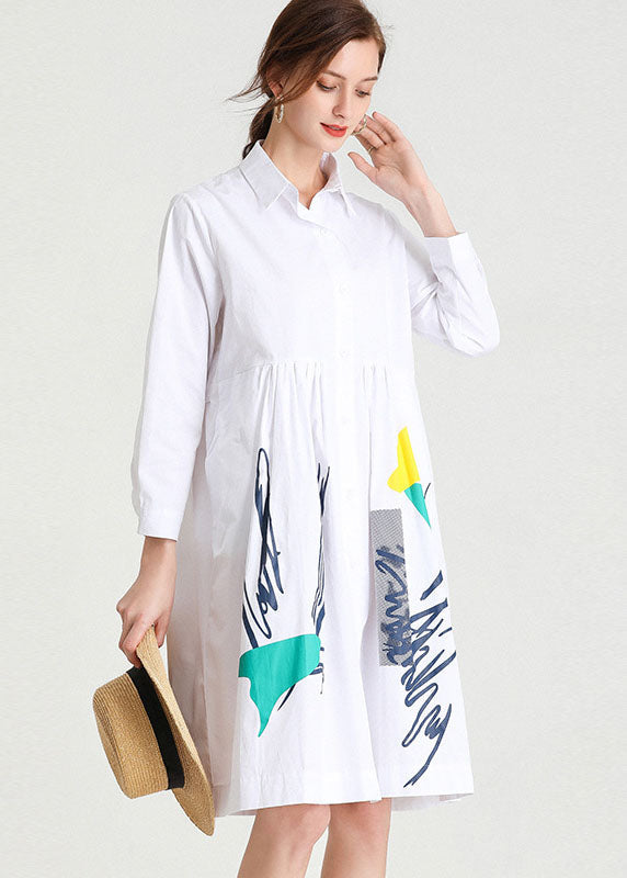 Color Block Graphic Print Collared Button Down Long Sleeve Empire Waist Shirt Dress