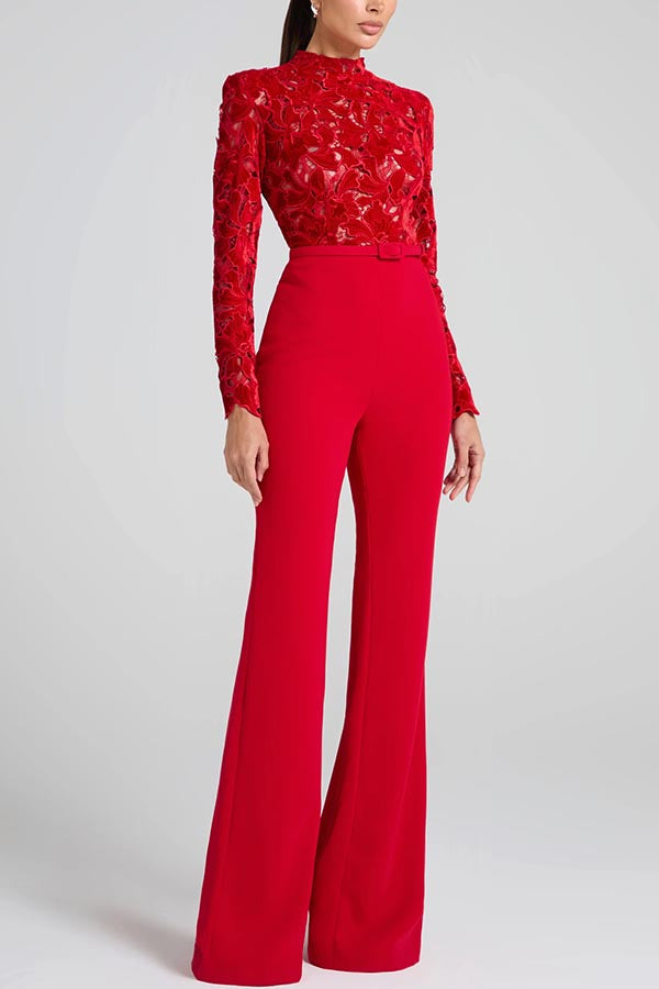 Floral Lace Long Sleeve High Neck Belted Flare Jumpsuit