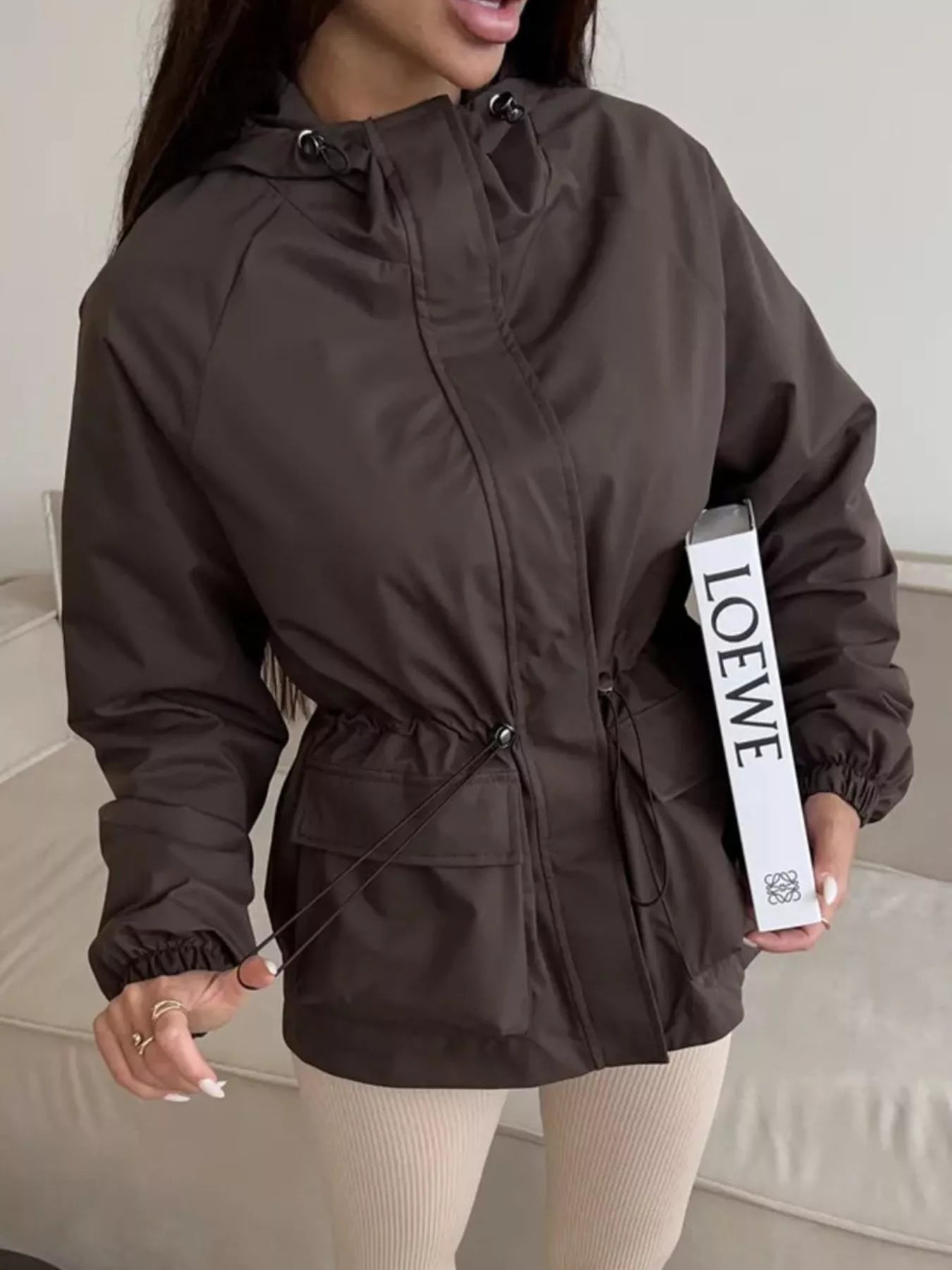 Drawstring Waist Hooded Windbreaker Outerwear