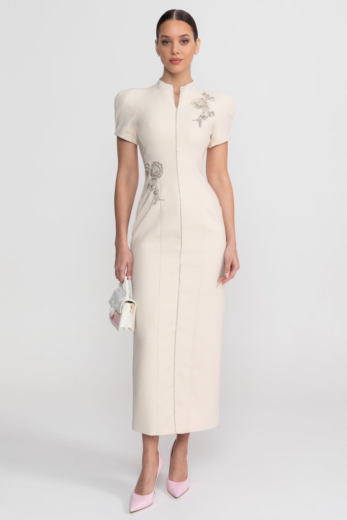 Mandarin Collar Puff Shoulder Short Sleeve Beaded Applique Midi Dress