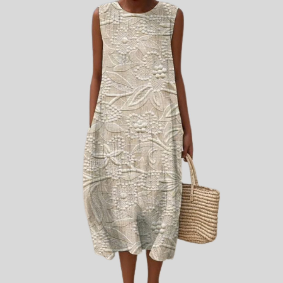 Textured Floral Crew Neck Sleeveless Cocoon Midi Dress