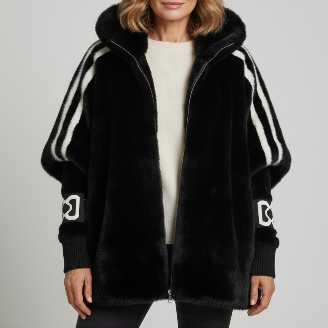 Hooded Faux Fur Zip Front Poncho Jacket