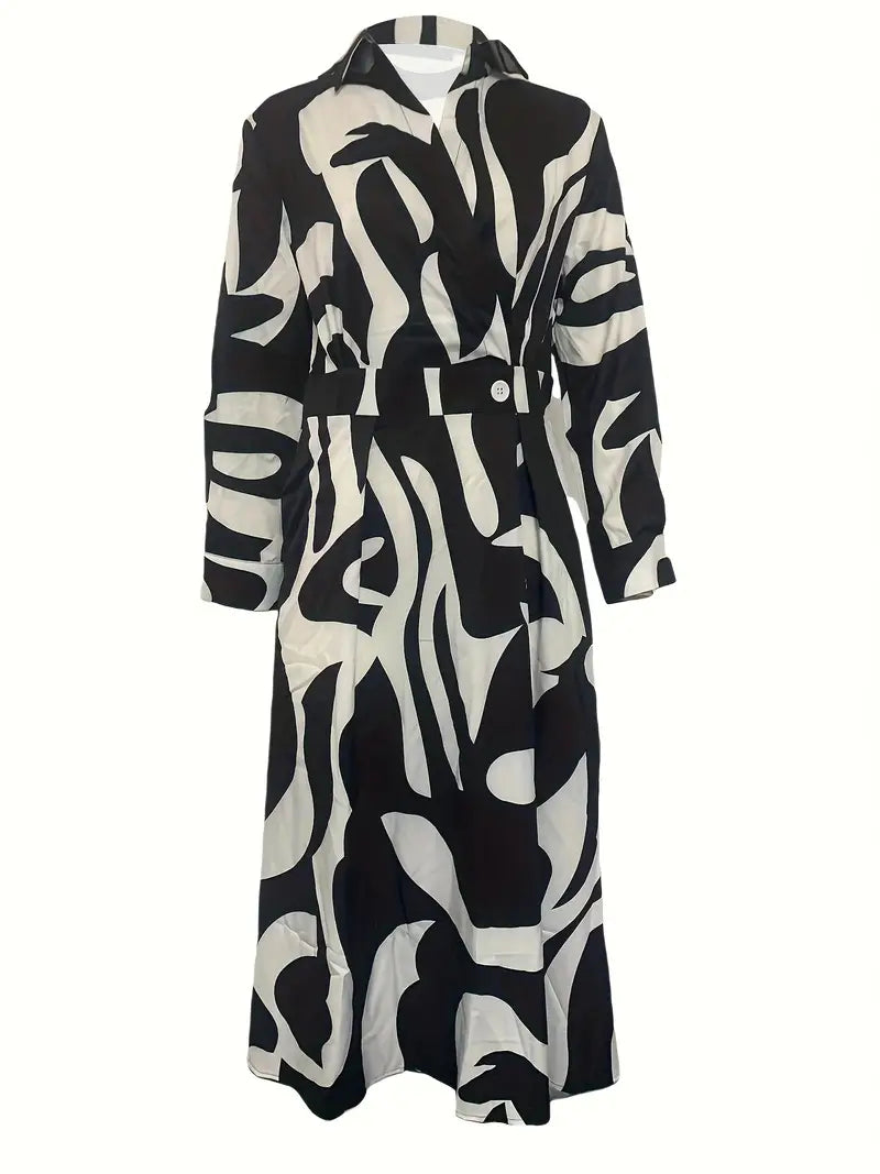 Abstract Swirl Print Collared Button Front Belted Long Sleeve Maxi Dress