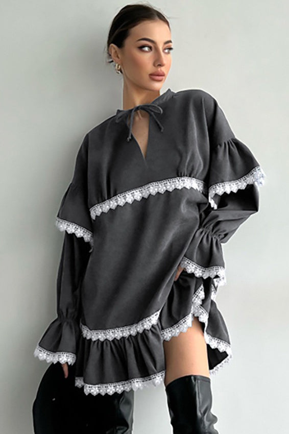 Lace Ruffle Tie V Neck Mini Dress