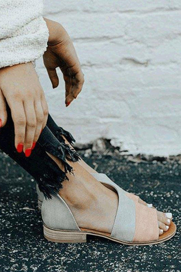 Peep Toe Stacked Flat Sandals