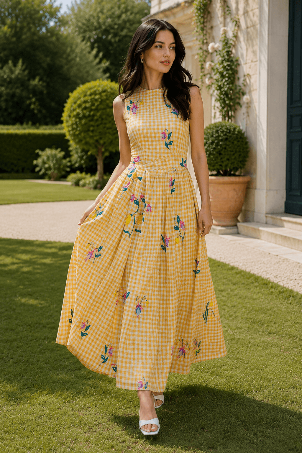Vintage Heavy Floral Embroidery Tie Waist Sleeveless Long Floral Dress