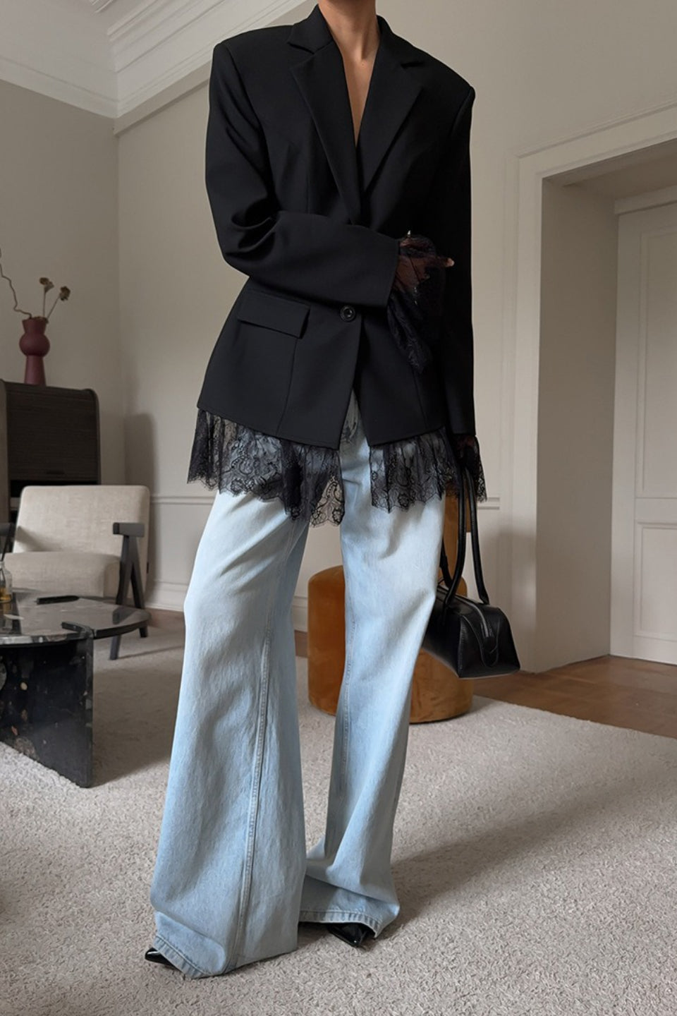 Lace Trim Hem Padded Shoulder Fitted Waist Single Button Blazer 2