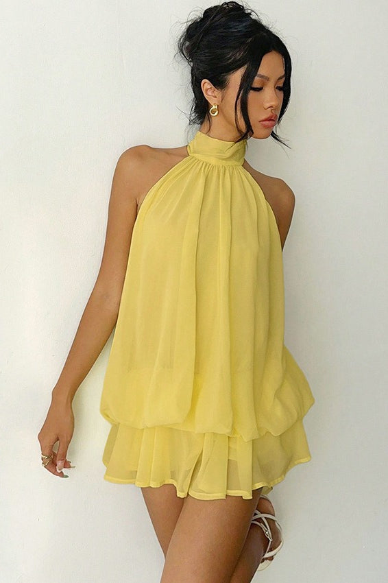Chiffon Halter Neck Tiered A-Line Mini Dress