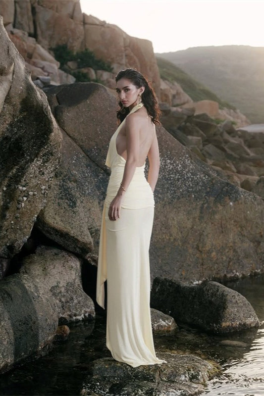 Draped Edition Neckline LowBack Maxi Party Dress