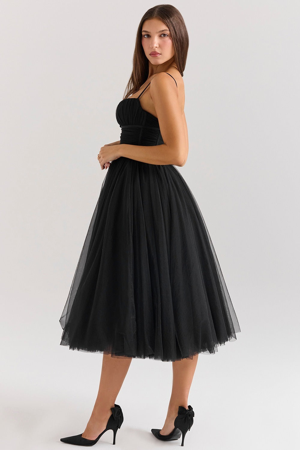 Tulle Sweetheart Spaghetti Strap Corset Fit and Flare Midi Dress