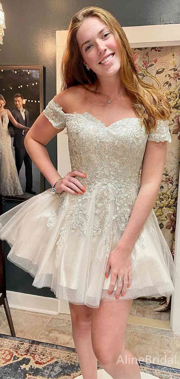 Lace Applique Off Shoulder Sweetheart Tulle A-Line Homecoming Dress 2
