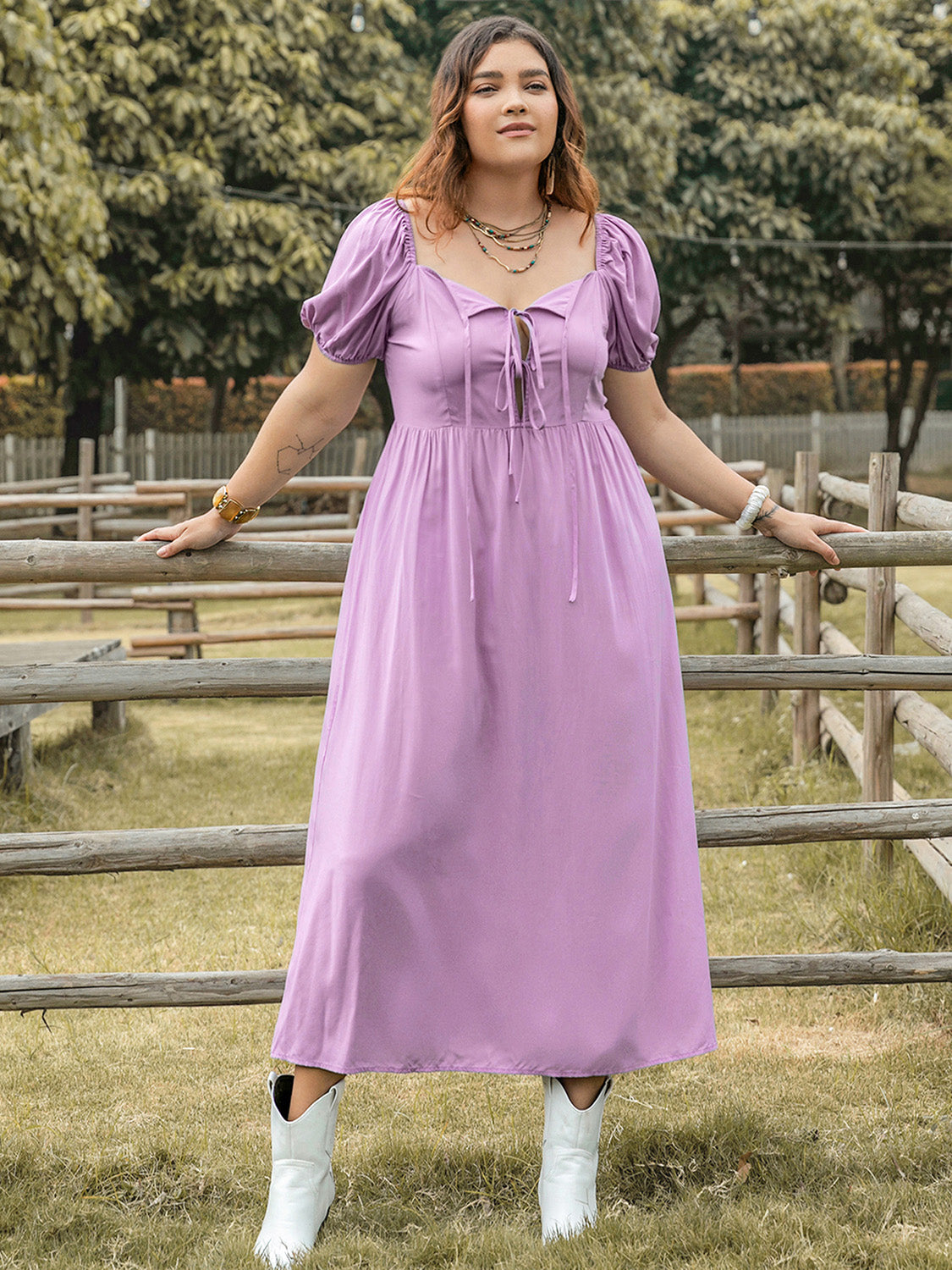 Plus Size Tie Neck Short Sleeve Dress Pink Purple