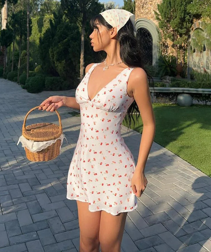 Deep V Cherry Print Floral Dress