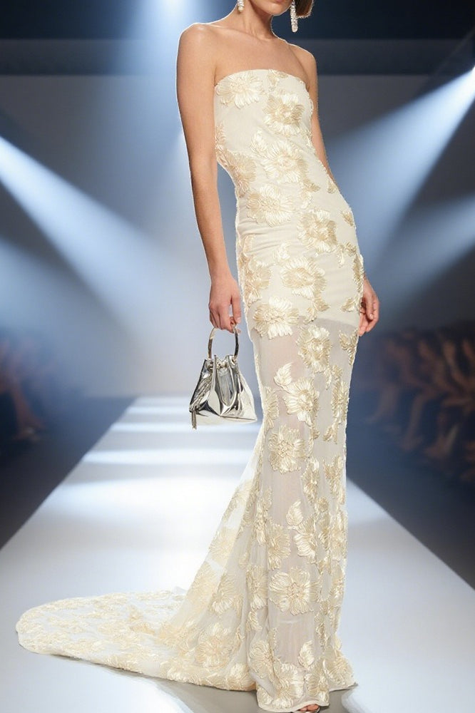 Strapless Floral Embroidered Mesh Mermaid Gown